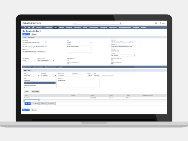 Netsuite Netsuite interfaccia applicativo Field Service Management